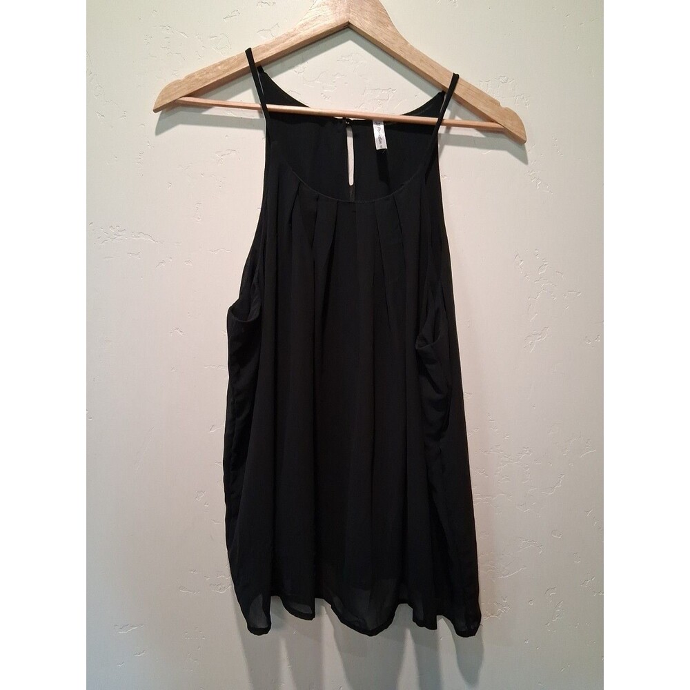 JJ Perfection Women's Sz 2XL Black Flowy Pleated Spaghetti Strap Sheer Tank Top